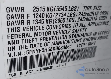 2019 Honda Pilot Ex-L z USA, uszkodzony, nr VIN 5FNYF5H58KB033864